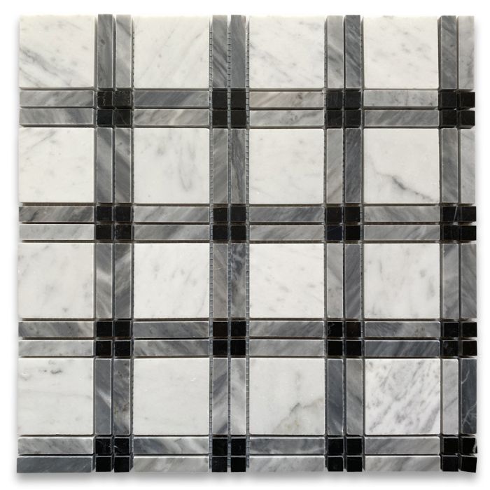 Carrara White Marble Plaid Tartan Mosaic Tile w/ Bardiglio Gray and Nero Marquina Black Polished