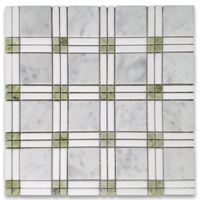 Carrara White Marble Plaid Tartan Mosaic Tile w/ Green Jade Thassos White Honed