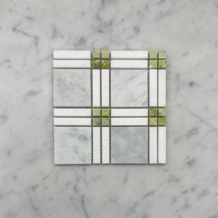 (Sample) Carrara White Marble Plaid Tartan Mosaic Tile w/ Green Jade Thassos White Honed