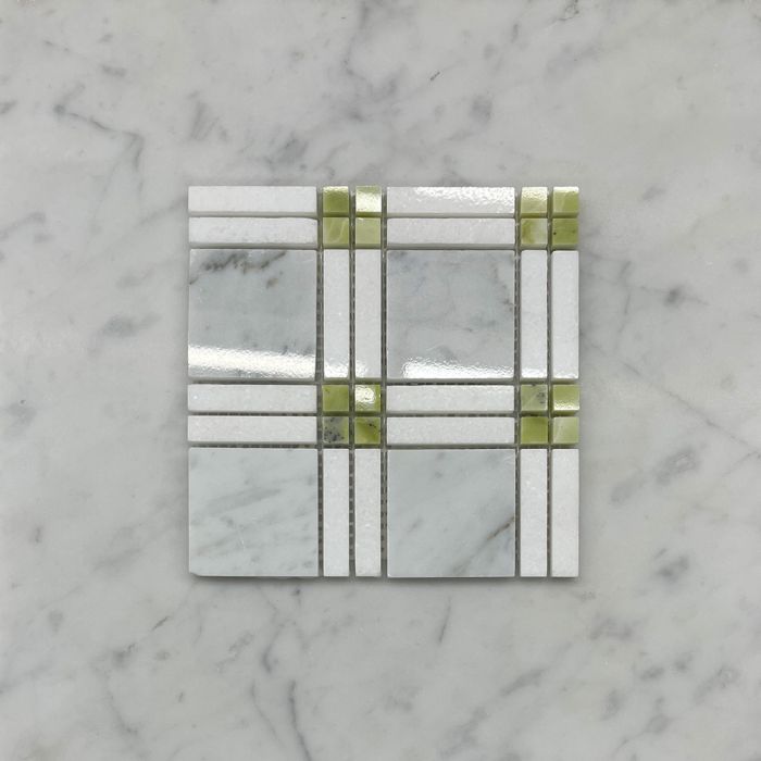(Sample) Carrara White Marble Plaid Tartan Mosaic Tile w/ Green Jade Thassos White Polished