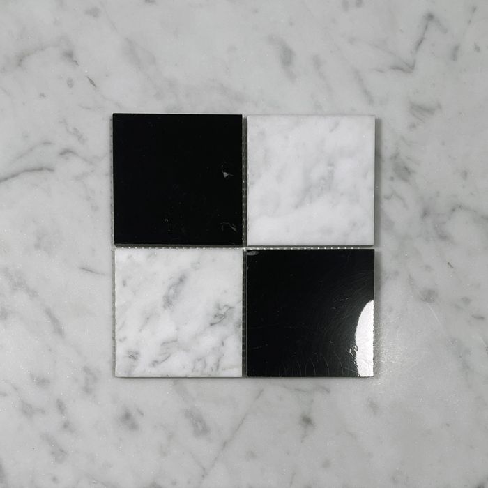 (Sample) Carrara White Nero Marquina Black Marble 3x3 Checkerboard Mosaic Tile Polished