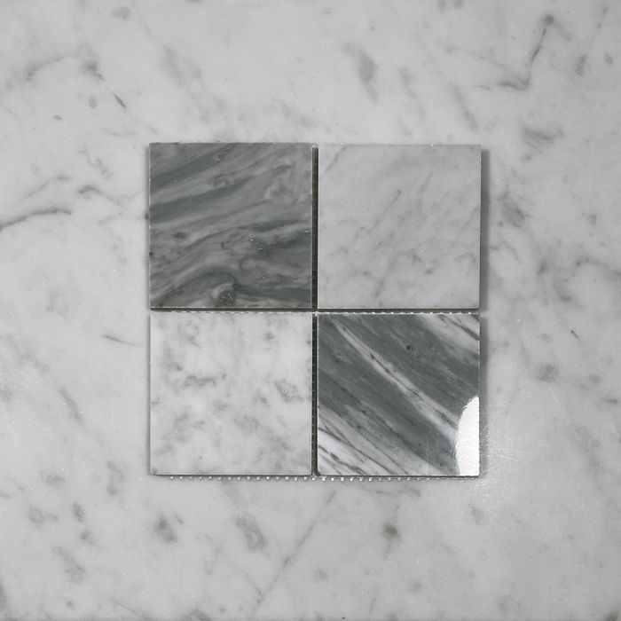 (Sample) Carrara White Bardiglio Gray Marble 3x3 Checkerboard Mosaic Tile Polished