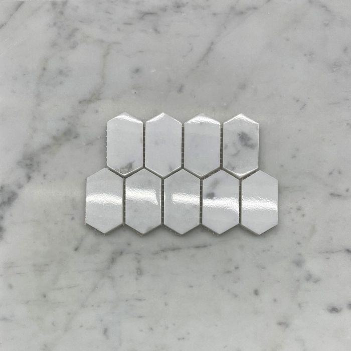 (Sample) Carrara White Marble 1x2 Hive Picket Constellation Long Hexagon Mosaic Tile Polished