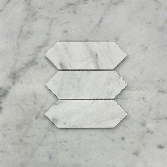 (Sample) Carrara White Marble 2x6 Picket Fence Elongated Hexagon Mosaic Tile Honed