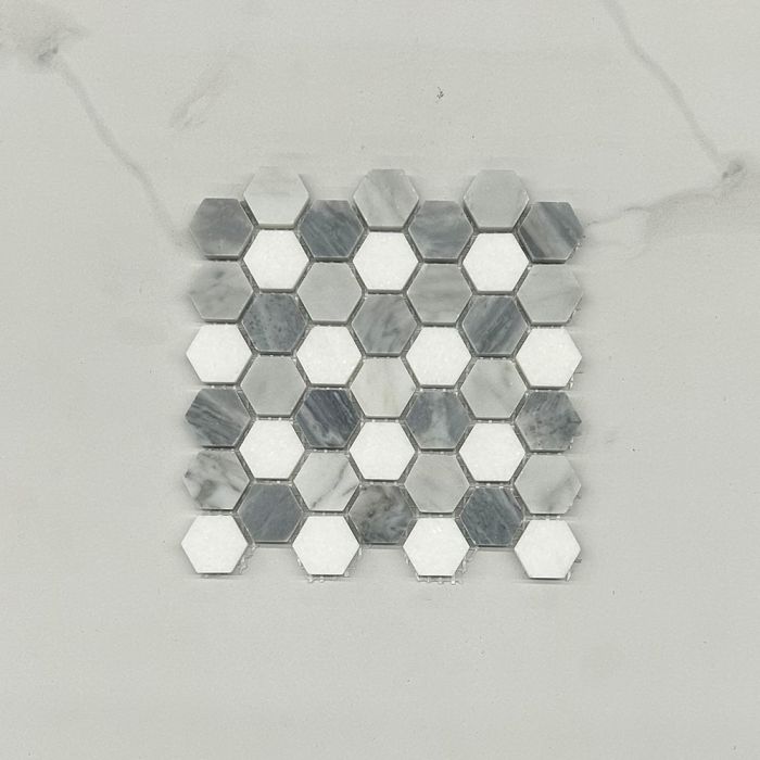 (Sample) Carrara White Marble 1 inch Monochrome Hexagon Mosaic Tile w/ Bardiglio Gray Thassos White Honed