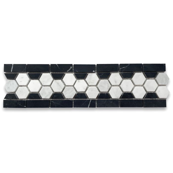 Carrara White Marble 1 inch Hexagon Mosaic Border Listello Tile Black Edge Honed