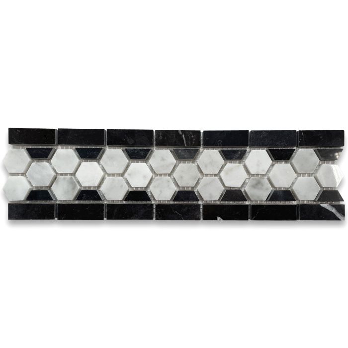 Carrara White Marble 1 inch Hexagon Mosaic Border Listello Tile Black Edge Polished