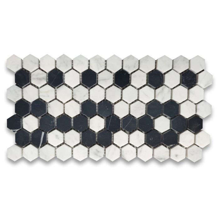Carrara White Marble 1 inch Hexagon Mosaic Border Listello Tile Black Flower Pattern Honed