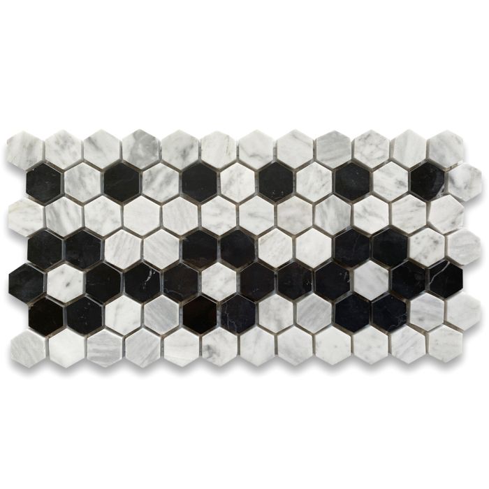 Carrara White Marble 1 inch Hexagon Mosaic Border Listello Tile Black Flower Pattern Polished