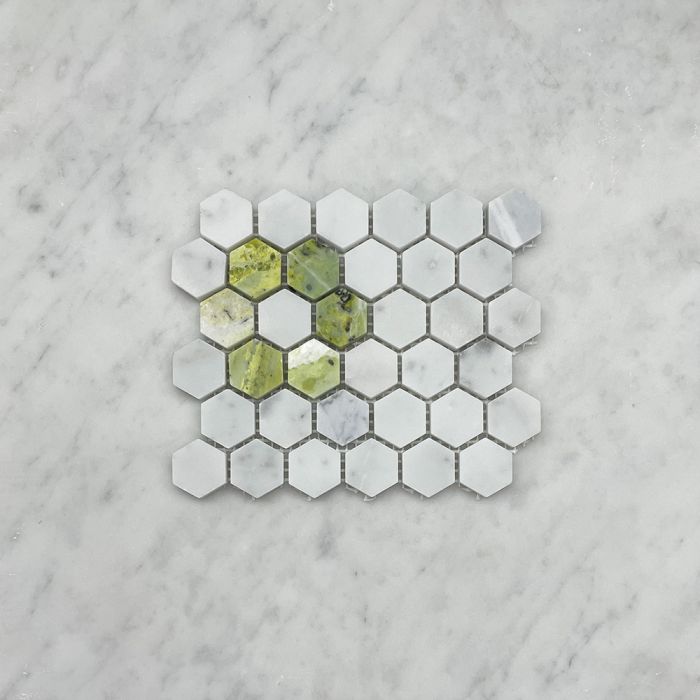 (Sample) Carrara White Marble 1 inch Hexagon Rosette Mosaic Tile w/ Green Jade Honed
