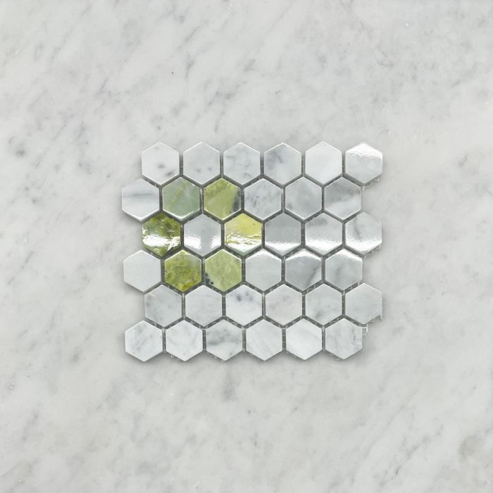 (Sample) Carrara White Marble 1 inch Hexagon Rosette Mosaic Tile w/ Green Jade Polished