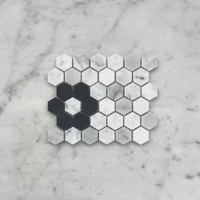 (Sample) Carrara White Marble 1 inch Hexagon Rosette Mosaic Tile w/ Nero Marquina Black Honed