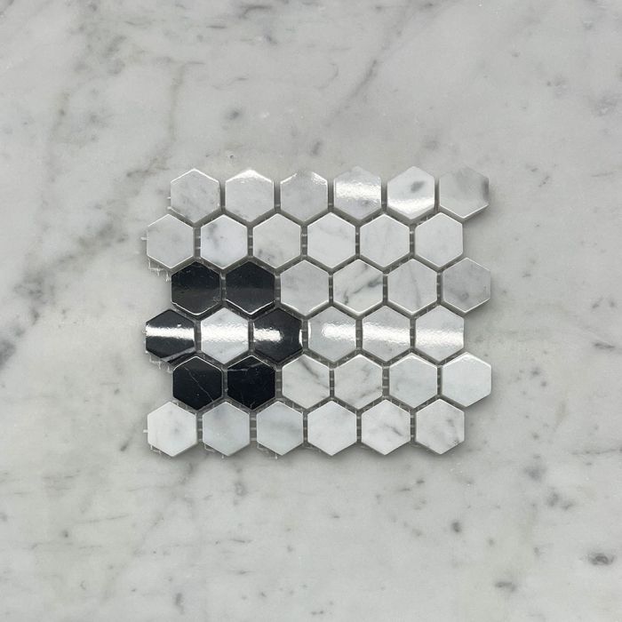 (Sample) Carrara White Marble 1 inch Hexagon Rosette Mosaic Tile w/ Nero Marquina Black Polished