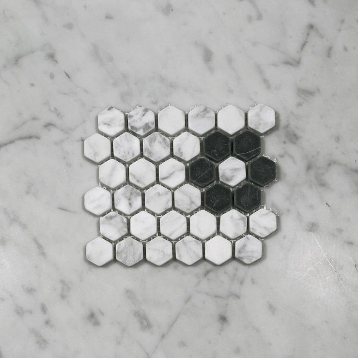 (Sample) Carrara White Marble 1 inch Hexagon Rosette Mosaic Tile w/ Nero Marquina Black Tumbled