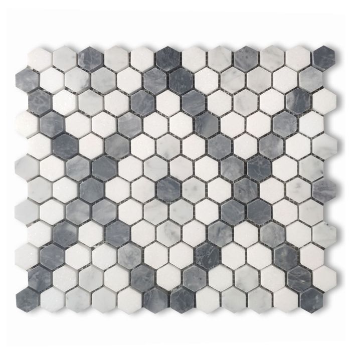 Carrara White Marble 1 inch Hexagon Modern X Pattern Mosaic Tile w/ Bardiglio Gray Thassos White Honed