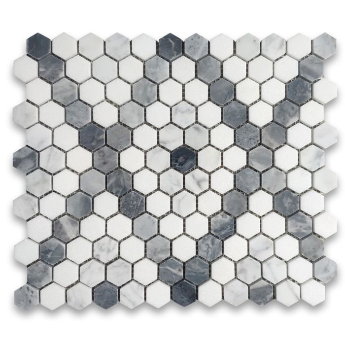Carrara White Marble 1 inch Hexagon Modern X Pattern Mosaic Tile w/ Bardiglio Gray Thassos White Polished