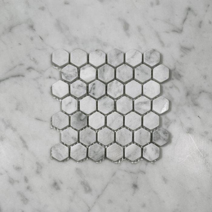 (Sample) Carrara White Marble 1 inch Hexagon Mosaic Tile Tumbled