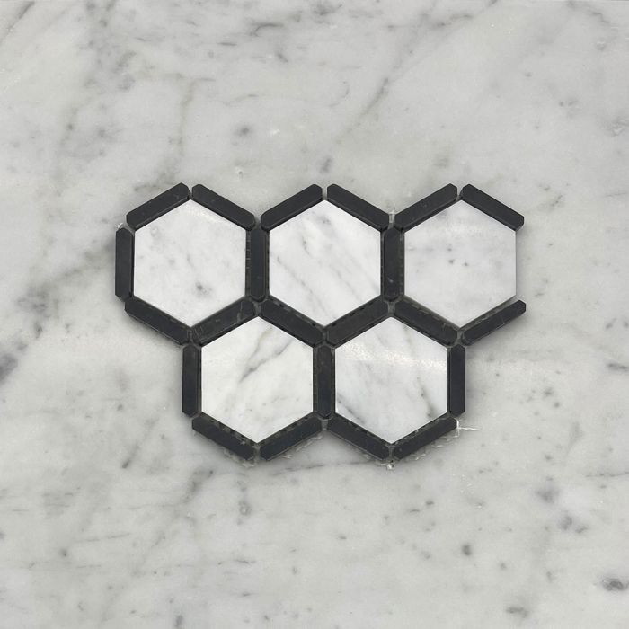(Sample) Carrara White Marble 2 inch Hexagon w/ Nero Marquina Black Strips Mosaic Tile Honed
