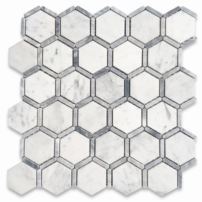 Carrara White Marble 2 inch Hexagon w/ Bardiglio Gray Strip Mosaic Tile Honed