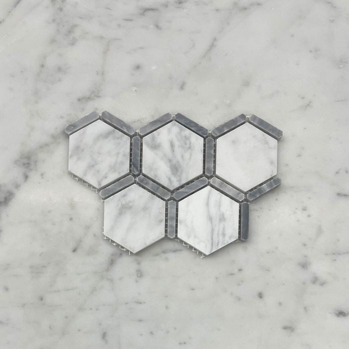 (Sample) Carrara White Marble 2 inch Hexagon w/ Bardiglio Gray Strip Mosaic Tile Honed