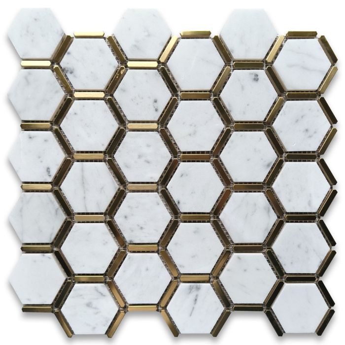 https://www.stonecenteronline.com/media/catalog/product/cache/29fe057ff2187b4c3b228e6820420c34/c/3/c328xp-carrara-white-marble-2-inch-hexagon-mosaic-tile-w-brass-strips-polished.jpg