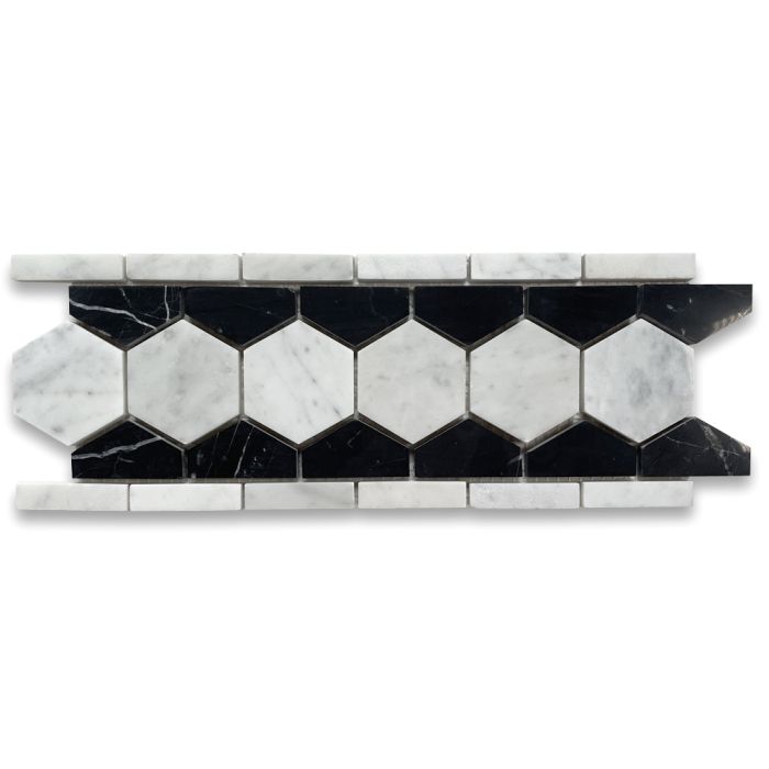 Carrara White Marble 2 inch Hexagon Mosaic Border Listello Tile White Black Edge Polished