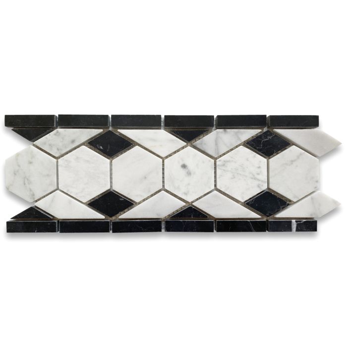 Carrara White Marble 2 inch Hexagon Mosaic Border Listello Tile Horizontal Black Diamond Honed