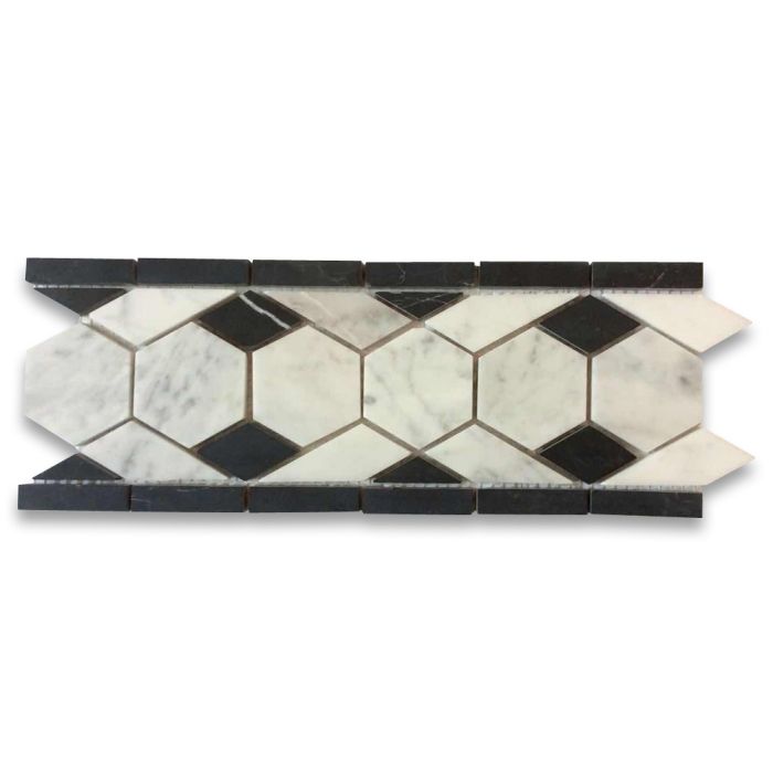 Carrara White Marble 2 inch Hexagon Mosaic Border Listello Tile Horizontal Black Diamond Polished
