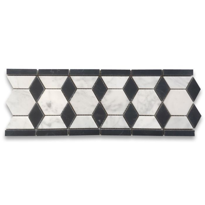 Carrara White Marble 2 inch Hexagon Mosaic Border Listello Tile Vertical Black Diamond Honed