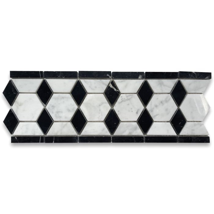 Carrara White Marble 2 inch Hexagon Mosaic Border Listello Tile Vertical Black Diamond Polished