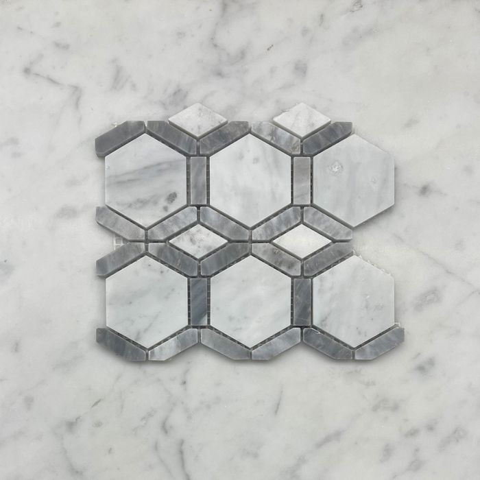 (Sample) Carrara White Marble 2 inch Hexagon Hollywood Mosaic Tile w/ Bardiglio Gray Strips Honed
