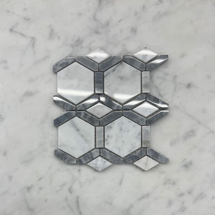 (Sample) Carrara White Marble 2 inch Hexagon Hollywood Mosaic Tile w/ Bardiglio Gray Strips Polished