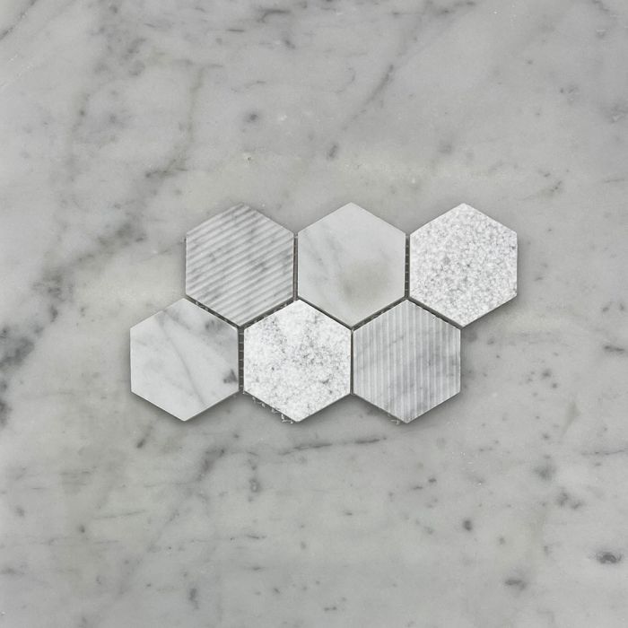 (Sample) Carrara White Marble 2 inch Hexagon Mosaic Tile Honed Bush-hammered Grooved Multi Finish