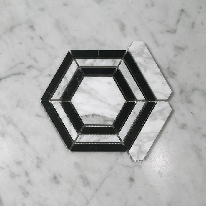 (Sample) Carrara White Marble 3 inch Hexagon Georama Geometric Mosaic Tile w/ Nero Marquina Black Strips Honed