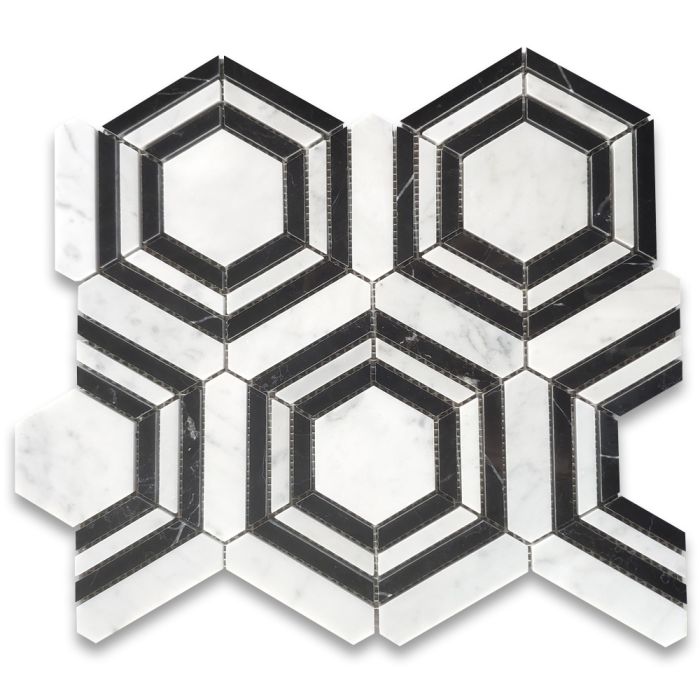 Carrara White Marble 3 inch Hexagon Georama Geometric Mosaic Tile w/ Nero Marquina Black Strips Polished