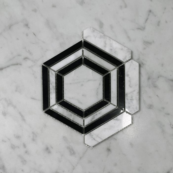 (Sample) Carrara White Marble 3 inch Hexagon Georama Geometric Mosaic Tile w/ Nero Marquina Black Strips Polished