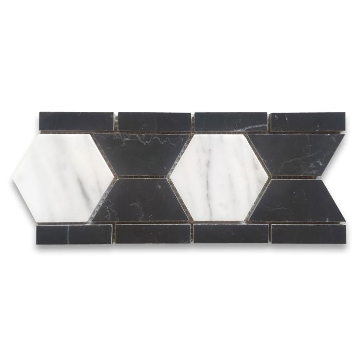 Carrara White Marble 3 inch Hexagon Mosaic Border Listello Tile Black Half Hex Honed