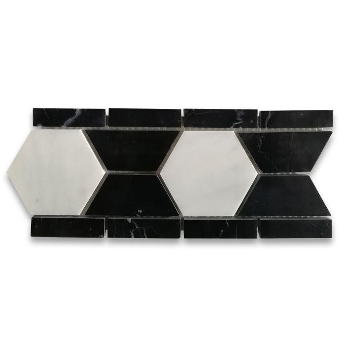 Carrara White Marble 3 inch Hexagon Mosaic Border Listello Tile Black Half Hex Polished