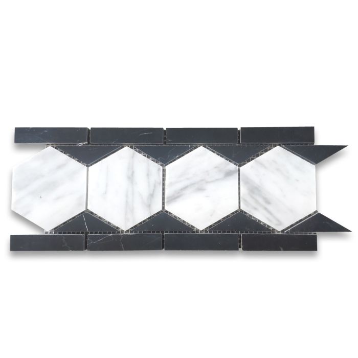 Carrara White Marble 3 inch Hexagon Mosaic Border Listello Tile Black Triangle Edge Honed
