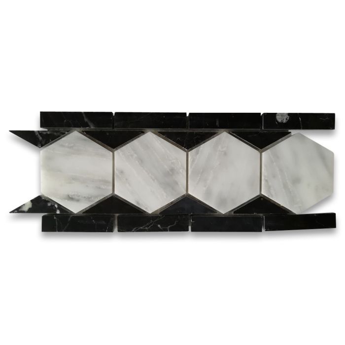 Carrara White Marble 3 inch Hexagon Mosaic Border Listello Tile Black Triangle Edge Polished
