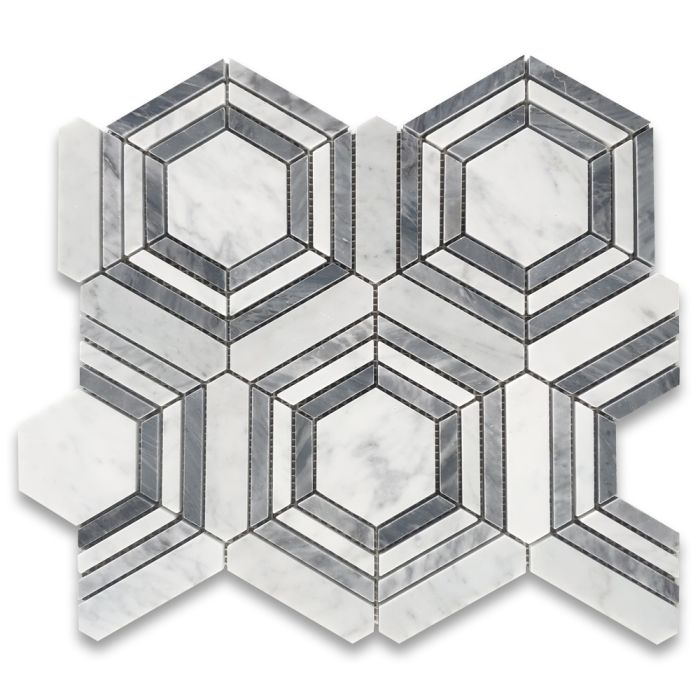 Carrara White Marble 3 inch Hexagon Georama Geometric Mosaic Tile w/ Bardiglio Gray Strips Honed