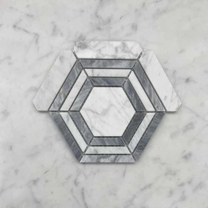 (Sample) Carrara White Marble 3 inch Hexagon Georama Geometric Mosaic Tile w/ Bardiglio Gray Strips Honed