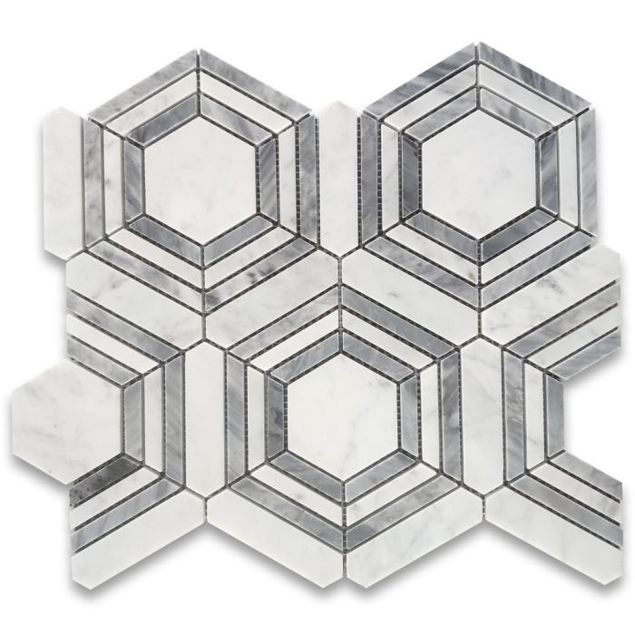 Carrara White Marble 3 inch Hexagon Georama Geometric Mosaic Tile w/ Bardiglio Gray Strips Polished