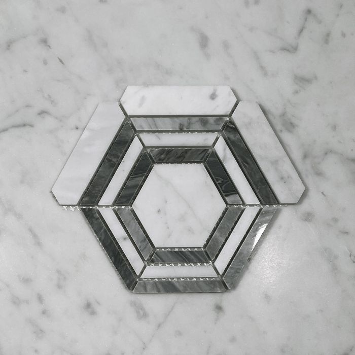 (Sample) Carrara White Marble 3 inch Hexagon Georama Geometric Mosaic Tile w/ Bardiglio Gray Strips Polished