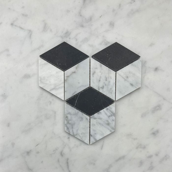 (Sample) Carrara White Marble 2x3 Illusion 3D Cube Rhombus Diamond Hexagon Mosaic Tile w/ Nero Marquina Black Honed