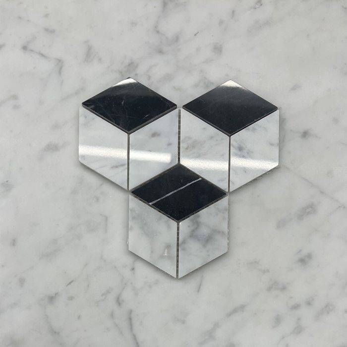 (Sample) Carrara White Marble 2x3 Illusion 3D Cube Rhombus Diamond Hexagon Mosaic Tile w/ Nero Marquina Black Polished