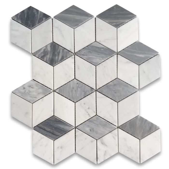 Carrara White Marble 2x3 Illusion 3D Cube Rhombus Diamond Hexagon Mosaic Tile w/ Bardiglio Gray Honed