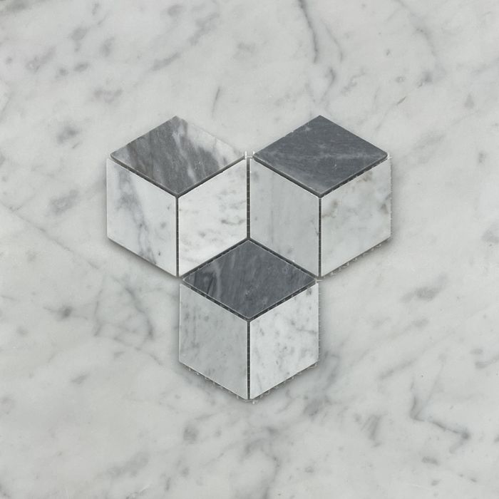 (Sample) Carrara White Marble 2x3 Illusion 3D Cube Rhombus Diamond Hexagon Mosaic Tile w/ Bardiglio Gray Honed