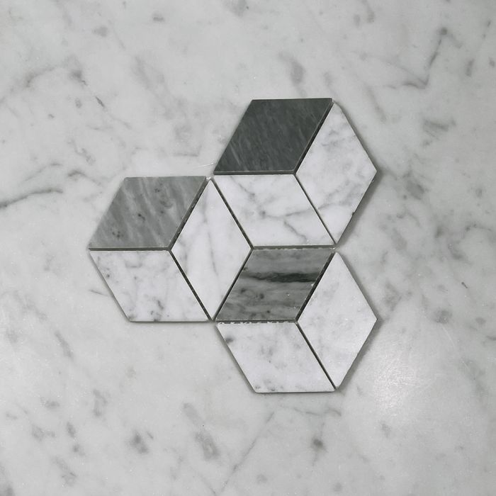 (Sample) Carrara White Marble 2x3 Illusion 3D Cube Rhombus Diamond Hexagon Mosaic Tile w/ Bardiglio Gray Polished