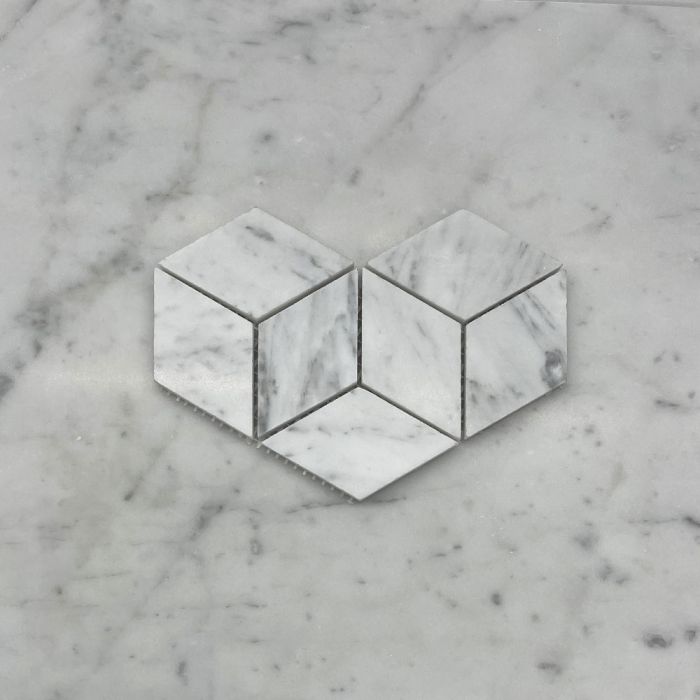 (Sample) Carrara White Marble 2x3 Illusion 3D Cube Rhombus Diamond Hexagon Mosaic Tile Honed